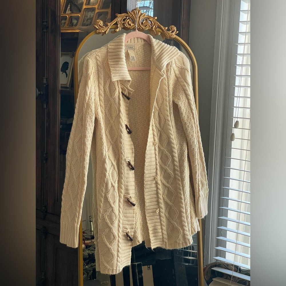 LL Bean Cream Cable Knit Fisherman Cardigan with Toggle Buttons
